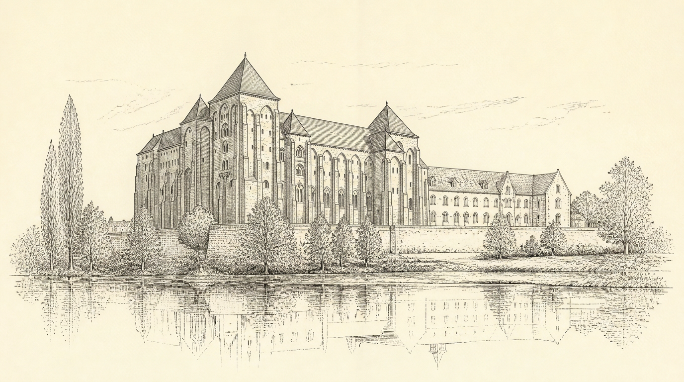 Dessin au trait de l'abbaye de Solesmes vue depuis la Sarthe